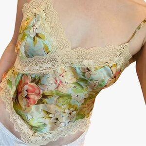 Delicates - 90’s Floral Satin Lace Trim Top